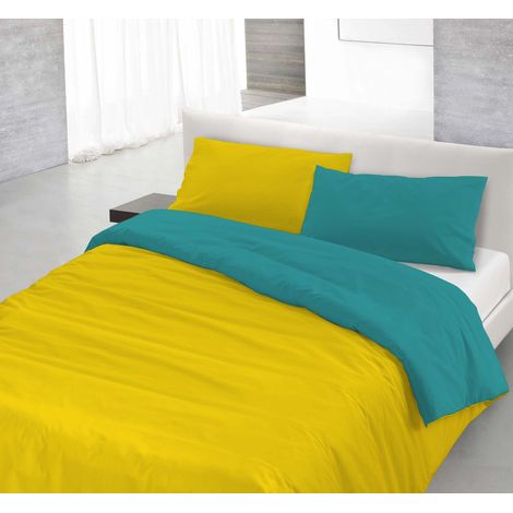 Copripiumino sacco+federa 100%cotone made in Italy 3 misure bicolore tinta unita Senape/Verde acqua - 1 Piazza