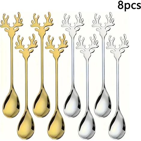 (Ensemble de couverts 8 pièces en acier inoxydable doré et argenté à motif de rennes, comprenant une cuillère à dessert, une cuillère à café et une cuillère à mélanger à motif de rennes de Noël) (1/5)