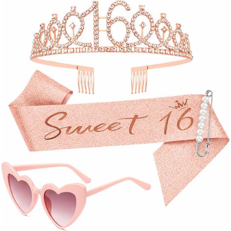 Lot de 16 décorations d'anniversaire pour fille - 16 écharpes et diadème rose doré - Contient une paire de verres en forme de cœur rose - Couronne pour fête d'anniversaire - Cadeaux pour filles de 16 (1/5)