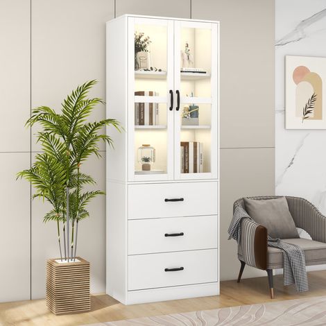Vitrine Blanche 200 cm, meuble de rangement avec 3 tiroirs et 2 étagères réglables, éclairage LED intégré, portes vitrées - idéale pour exposer votre collection, armoire de présentation élégante. (1/5)