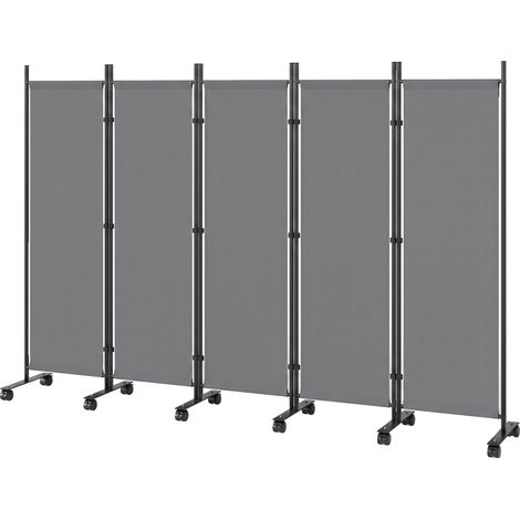 5-teiliger Raumteiler, 252 x 40 cm, freistehend, Faltwand mit 12 Rollen, modulare Trennwand, dunkelgrau