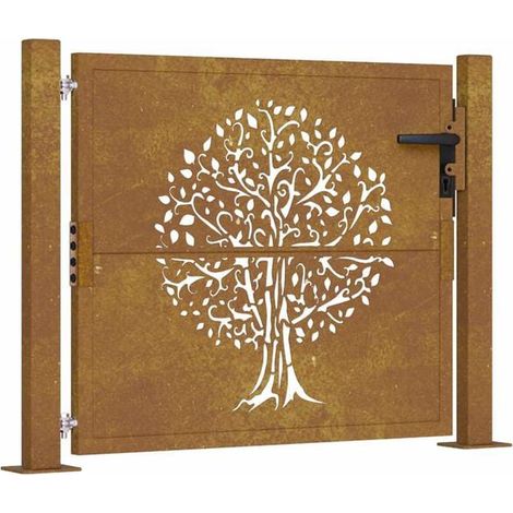Le portail de jardin, mesurant 100x75 cm, est en acier Corten et décoré d'un motif d'arbre.