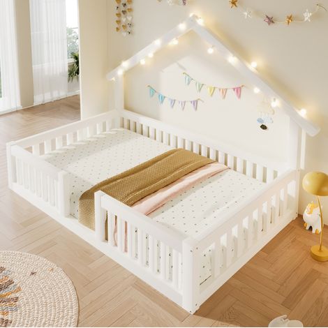 Etagenbett 90/200 cm en blanc en bois avec barrière de sécurité et guirlande LED, design maisonnette (1/5)