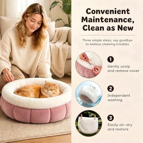 Panier rond lavable pour chat avec base antidérapante (rose) (1/4)