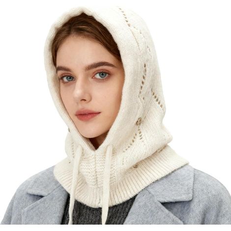 Cagoule tricotée 2 en 1 femme, bonnet et cache-cou chaud, ajustable, coupe-vent, beige (1/5)