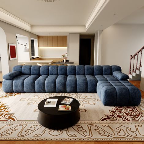 Canapé d’angle 6 places en L bleu en tissu, sans montage, structure en mousse haute élasticité, 400×200×68 cm (1/5)