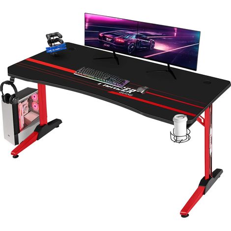 Devoko Bureau Gaiming Bureau Gamer Informatique Table avec Porte-Boisson et Porte-Casque,140 cm Rouge