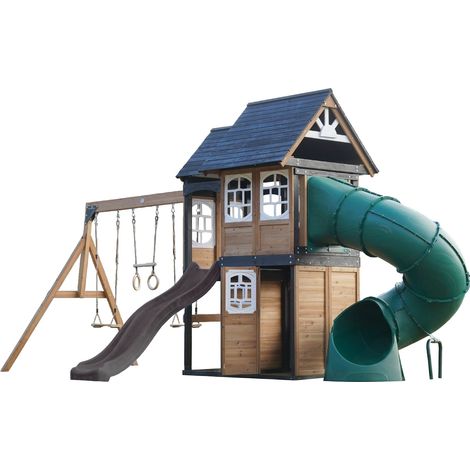 Axi Noud Aire De Jeux En Bois, 2 Balançoires, Toboggan Tubulaire Et Toboggan Gris Maisonnette Xxl Pour Enfants Avec Structure D'Escalade Et Trapèze Pour Le Jardin