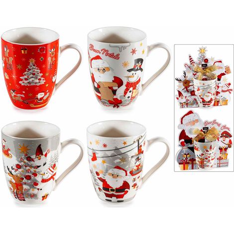 Tasses de Noël en porcelaine décor thématique en coffret cadeau découpé avec nœud, lot de 4, tasse diam. 8 cm x H. 10,5