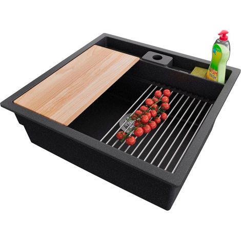 PRIMAGRAN Evier Cuisine en Granit 56x54cm,Lavabo 1 bac + Kit de Vidage + Accessoires, Évier à Encastrer au meuble 60cm - Bergen Pocket, Graphite (1/5)