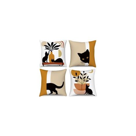 Lot de 4 Housse de Coussin Boho 45x45 , Abstrait Chat Noir Plante Soleil Lune Taie d'oreiller décorative Art Moderne Minimaliste Housse d'oreiller en Lin esthétique pour canapé Home Decor