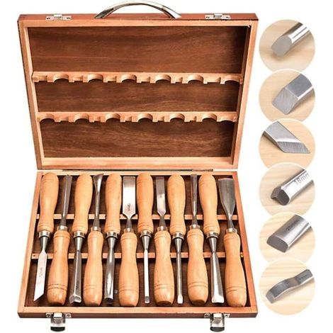 Set of 12 hand chisels for wood carving – Hardened carbon steel – Ergonomic handle – Wooden storage box (1/5)