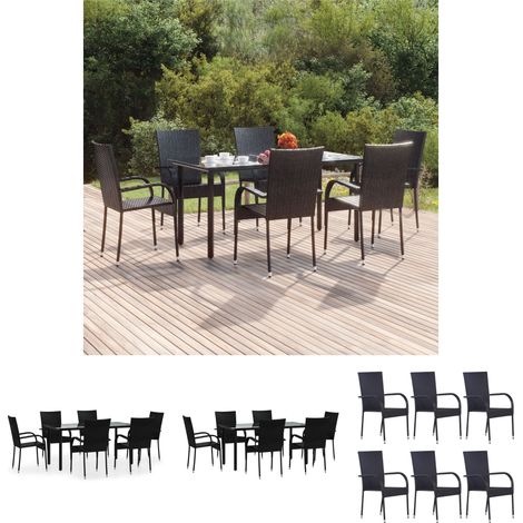 Gartenstuhl - vidaXL 7-tlg. Garten-Essgruppe Schwarz Poly Rattan - Gartenesszimmer (1/5)