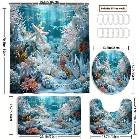 Rideau de douche Océan Bleu avec coquillages et étoiles de mer, en polyester, 12 crochets, rideau de salle de bain (1/5)