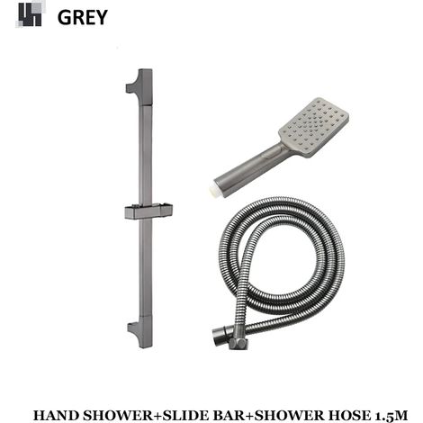 Ensemble de 3 pièces (gris) : Barre de douche réglable murale avec flexible de douchette, accessoires de salle de bain, coloris or et noir. (1/5)