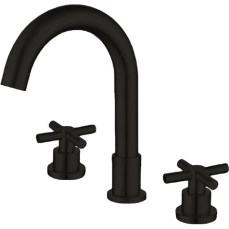 Robinet de lavabo, inox, noir, 2 poignées, 3 trous, pour vasque (1/3)