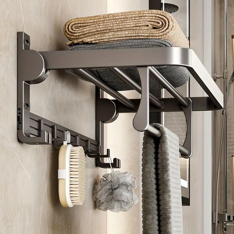(Gris) Porte-serviettes mural multifonctionnel en aluminium spatial avec crochet et rangement intégrés, pliable, peu encombrant, design moderne. (1/5)