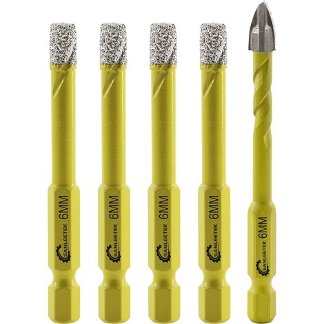 Foret Diamant Sec Set 4 pièces 6mm Trépan Diamant et 1 pièce 6mm Foret en Carbure avec Queue à Changement Rapide pour Marbre Granit Céramique Porcelaine Carrelage Grès Quartz (1/5)
