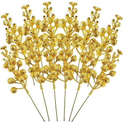 14 Pièces Tiges De Baies Scintillantes De Noël, 19CM Pics De Noël Artificiels Branche De Pin De Baies De Houx De Simulation pour Les Ornements d'arbre De Noël, Couronne De Noël Bricolage (Or) (1/5)