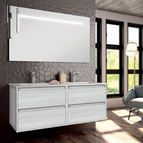 Meuble de salle de bain double vasque - 4 tiroirs - hibernian (bois blanchi) - IRIS et miroir Led STAM - 120cm (1/4)