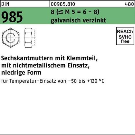 Tuerca hexagonal DIN 985 parte de sujeción M10 8 (=M 5 = 6/8 ) cincado 500ud. (1/2)
