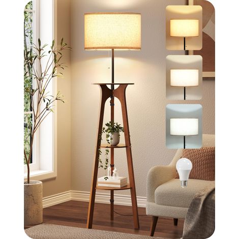 Lampadaire Trépied avec Tablette, Lampe sur Pied avec 3 Étagères Ampoule E27 Incluse (2700K-4000K-5000K), Interrupteur à Tirette, Fonction Mémoire, pour Chambre, Beige et Noyer Foncé (1/5)