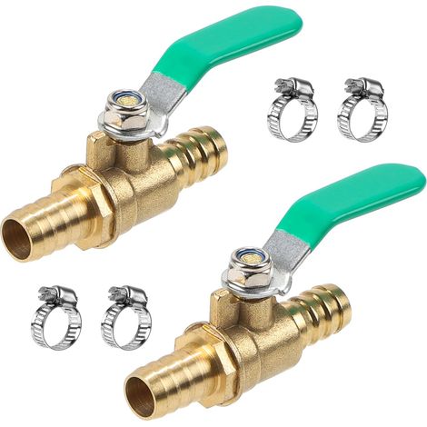 2-teiliges 12mm Messing-Kugelhahn-Set, 2-Wege Kugelhahn mit 4 Schlauchschellen, Rillenrohrverbinder für Luft-/Wasser-/Ölstromregelung (1/5)