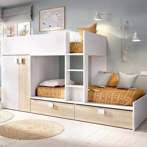 Dmora - Kinderbett Dannon, Komplettes Schlafzimmer mit Kleiderschrank und Schubladen, Etagenbettkomposition mit zwei Einzelbetten, 275x108h150 cm, Weiß und Eiche (1/5)