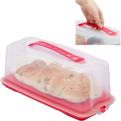 Relaxdays Contenitore per Dolci, Rettangolare, con Manico, per Plum-Cake & Torte HxLxP: 15x37x16 cm, Rosso/Trasparente (1/5)