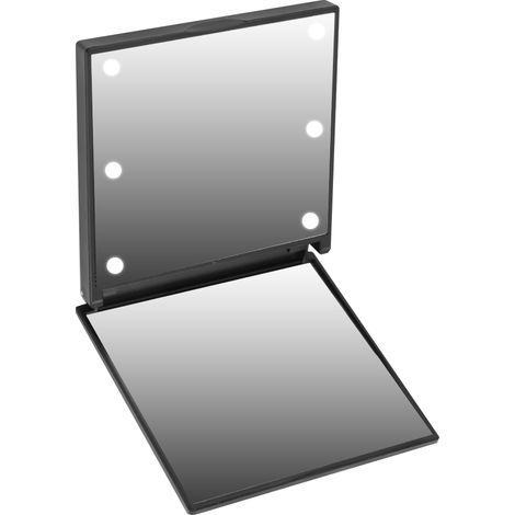 Miroir de poche pliable noir 6 LED, portable rechargeable, miroir cosmétique de maquillage miniature, alimenté par batterie, format de poche, idéal voyage (1/5)