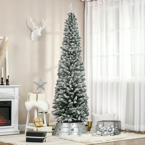Árbol de Navidad Estrecho 225 cm Árbol Navideño Nevado con 738 Ramas y Soporte de Metal para Salón Verde y Blanco (1/5)