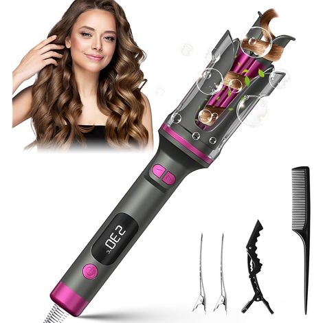 Fer a Boucler Cheveux Automatique, Fer a Friser avec 6 Réglages de Température avec LCD Écran, Friseur Cheveux Femme, Boucleur Céramique pour Cheveux Longs/Courts (Violet)