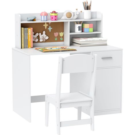 Set scrivania e sedia per bambini con cassetti, armadio, mobiletto e lavagna, 3-12 anni. Set tavolo e sedia per bambini, banco scolastico per ragazzi in legno per camera da letto, studio, bianco.