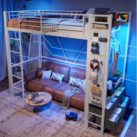Lit mezzanine 90x200 cm en métal et MDF, blanc, avec 4 tiroirs, étagères, barre, LED, USB et TYPE-C (1/5)