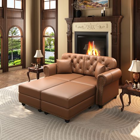 Canapé 2 Places Chesterfield avec 2 Poufs, Assise Ressorts Ensachés, Simili Cuir Marron pour Salon (1/5)