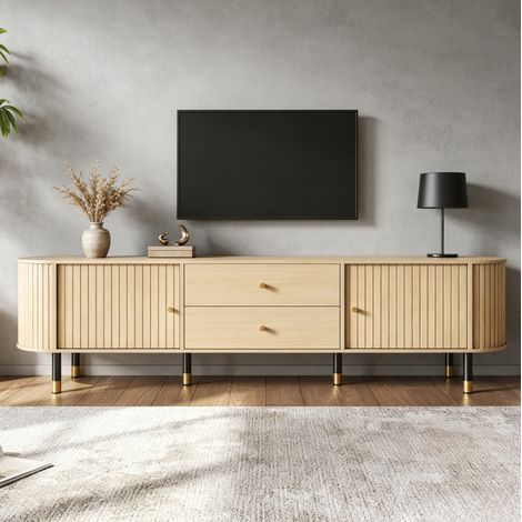 Mueble TV 180x40x58 cm, 2 cajones y 2 puertas correderas, gestión de cables, MDF, color madera natural (1/5)