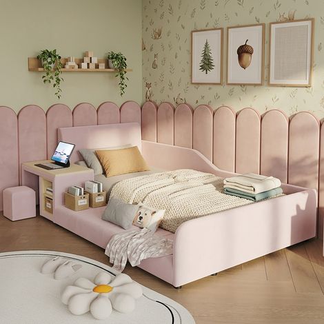 Lit rembourré en velours- lit simple enfant 90 x 200 cm avec bureau intégré- rangements- éclairage LED- sommier inclus- design moderne- Rose (1/5)