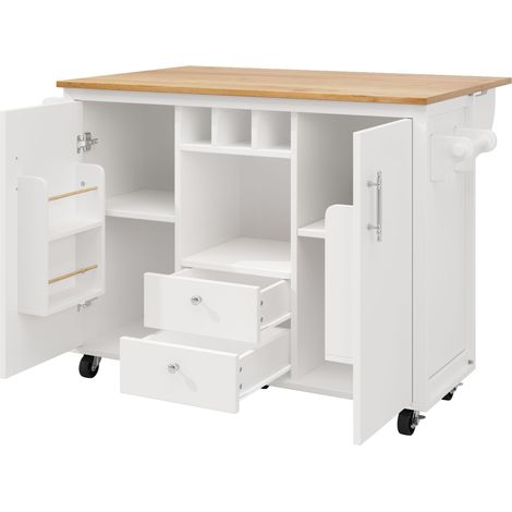 ELVMI Desserte de Cuisine avec 2 Tiroirs, 2 Portes, Table Rabattable et Roulettes, en MDF et Métal, Blanc (1/4)