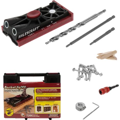 Milescraft 1325 Pocket Jig 200 - Kit completo per fori doppi/doppi tascabili, facile da usare, guida per trapano tascabile, maschera per viti con tutti gli accessori. (1/5)