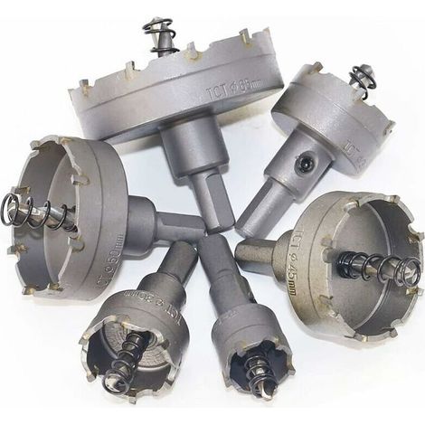 Juego de 6 brocas de corona grandes de carburo de tungsteno (TCT) para sierras de mano, adaptador para brocas de corona, sierra perforadora para plástico, acero inoxidable, metal y madera. (1/3)