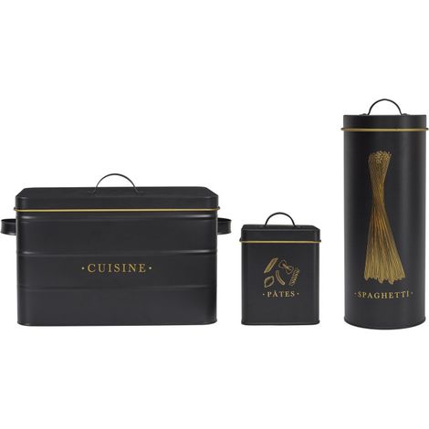 Lot de 3 Boîtes en Métal - Cuisine + Spaghettis + Pâtes - Noir et Doré - Boîtes de Conservation de Cuisine - Livraison gratuite (1/5)