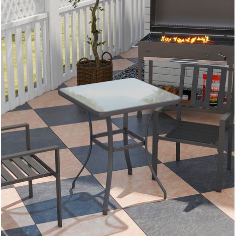Gartentisch quadratisch aus Metall in Schwarz mit Tischplatte aus gehärtetem Glas, kompakter Bistrotisch (1/5)