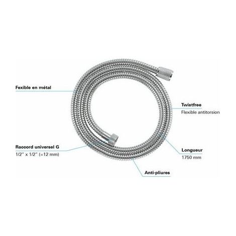 Flexible de douche 150 cm – Inox chrome – Résistance à la pression jusqu'à 16 bars – Connexion universelle G 1/2' x 1/2' (1/2)
