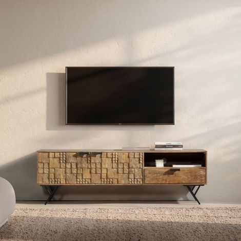 Meuble TV 2 portes 175x40x55 cm en manguier et métal noir - HUGZI (1/5)