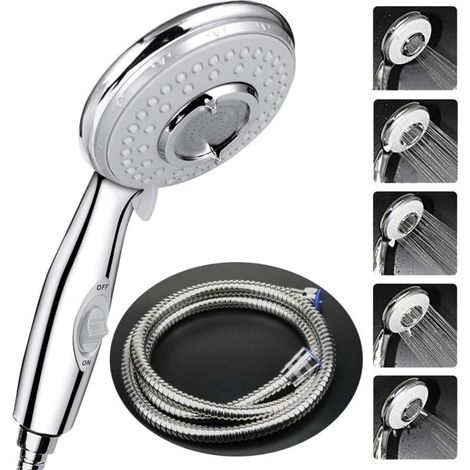 Pommeau Douche + 2 M Tuyau de Douche Flexible, Pommeau de Douche avec Tuyau, Haute Pression Douchette Pommeau Acier Inoxydable (1/4)