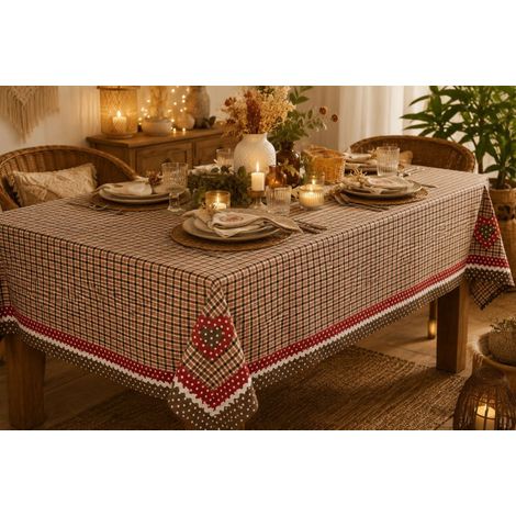 Nappe en tissu à carreaux avec encadrement à pois et cœurs appliqués – Style campagne chic - 160x160 cm - Beige (1/2)