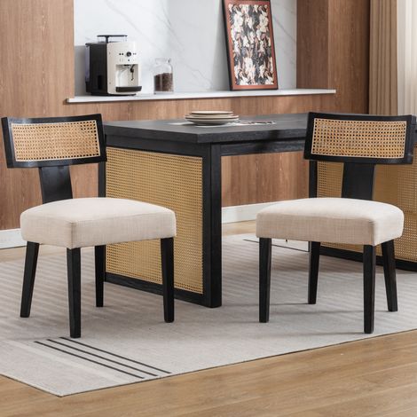 Wahson Lot de 2 chaises de salle à manger en bois massif et rotin – Assise en éponge épaisse – Hauteur 50 cm – Style rétro noir, Noir