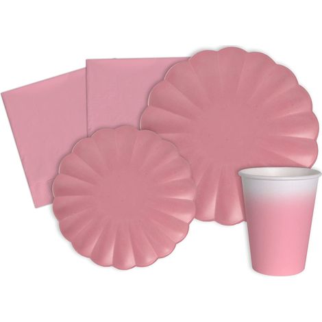 Kit Party Tavola Flower Shape per 24 persone (112 pezzi: 24 piatti Ø23cm, 24 piatti Ø18cm, 24 bicchieri 200ml, 40 tovaglioli 33x33cm) in carta compostabile eco-friendly,rosa antico (1/4)