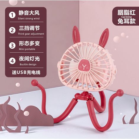 Ventilador eléctrico portátil silencioso con forma de pulpo, recargable por USB, ideal para cochecitos, cunas o camas de bebé. Con orejas de conejo rosas.