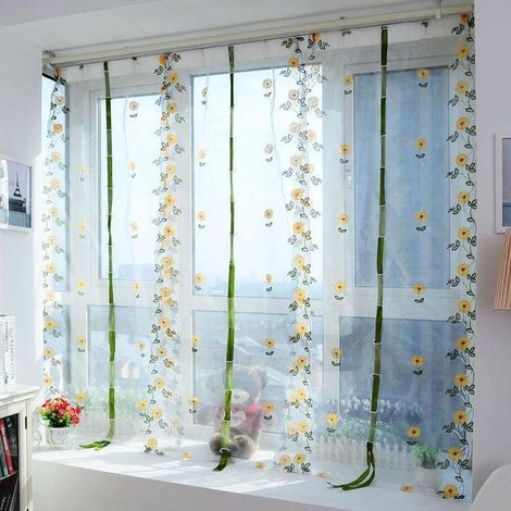 Rideaux transparents, rideaux brodés de chrysanthèmes avec un motif lumineux poétique, 80 x 200 cm, polyester, pour salon et chambre (1/5)